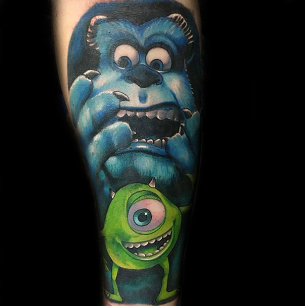 Pixar-inspired tattoo featuring vibrant characters from a beloved animated film.