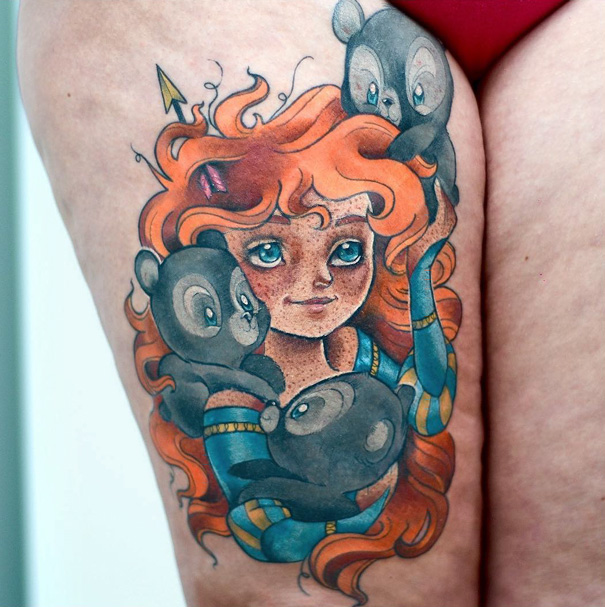 Pixar-inspired tattoo of a girl with red hair and three cute bears on a leg.