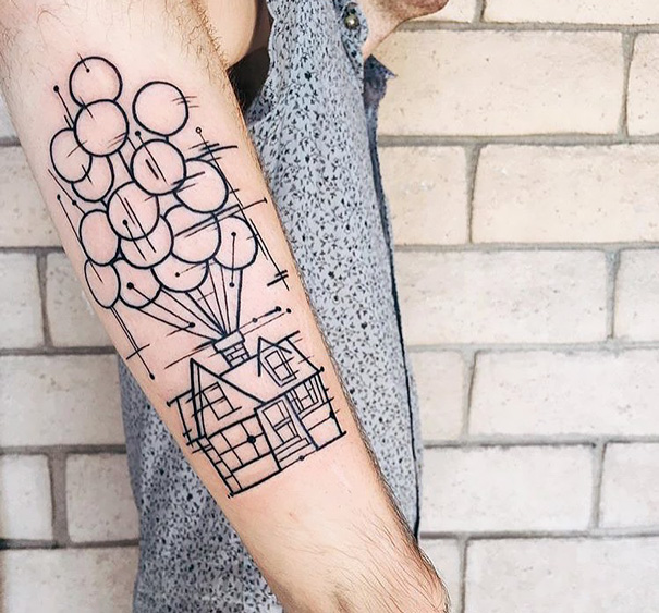 Pixar-inspired Up tattoo showing a house with balloons on an arm in minimalistic black linework.