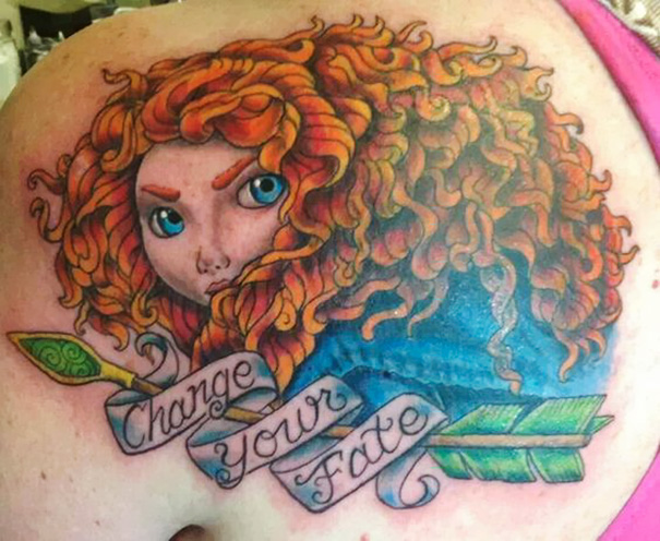Pixar-inspired tattoo of a character with curly red hair and a "Change Your Fate" banner.