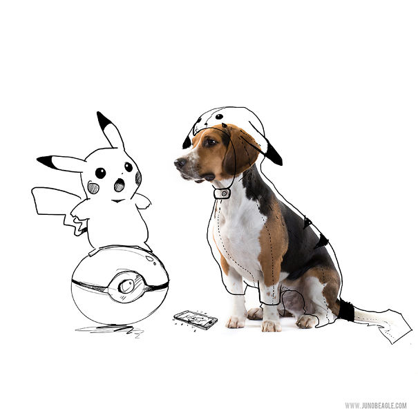 A beagle posing with Pikachu sketch, suggesting pets can see Pokémon Go.