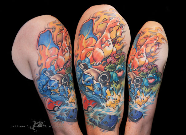Colorful Pokemon tattoo featuring Charizard, Blastoise, and Pikachu on an arm.