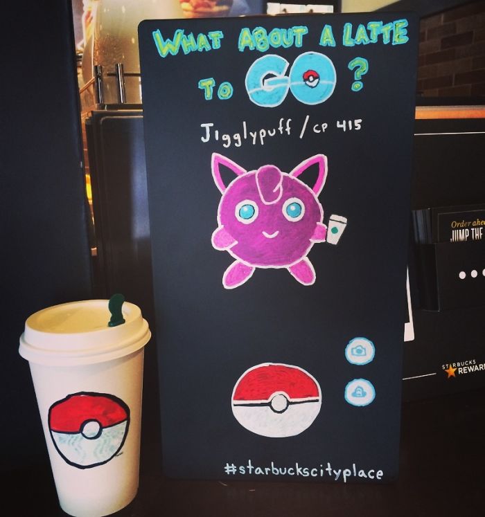 Jigglypuff-themed Starbucks sign and coffee cup, showcasing how businesses leverage the Pokemon Go craze.