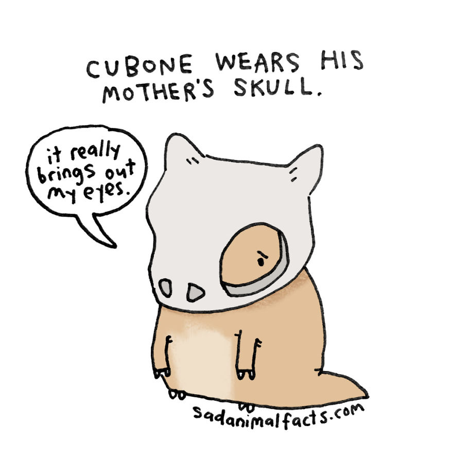 Cubone illustration with text about wearing its mother's skull, highlighting a depressing secret.