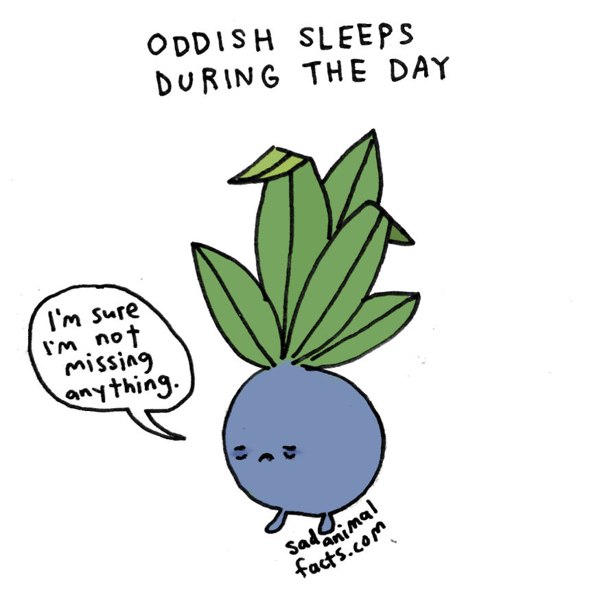 Oddish with closed eyes, thinking "I'm sure I'm not missing anything," illustrating a secret about a favorite Pokemon.