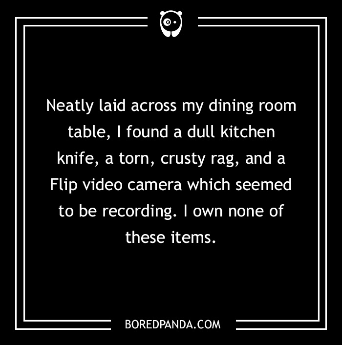 Horror story text about mysterious items on a dining table: a knife, rag, and recording camera.