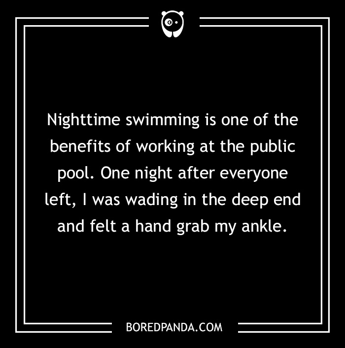 Text graphic with a 2-sentence horror story about a nighttime swimming encounter.