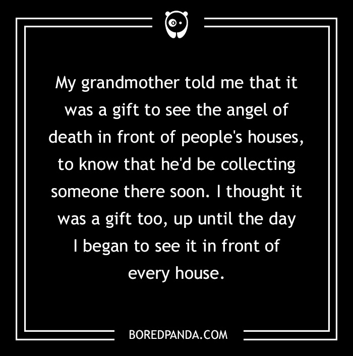 Two-sentence horror story about seeing the angel of death, shown on a black background.