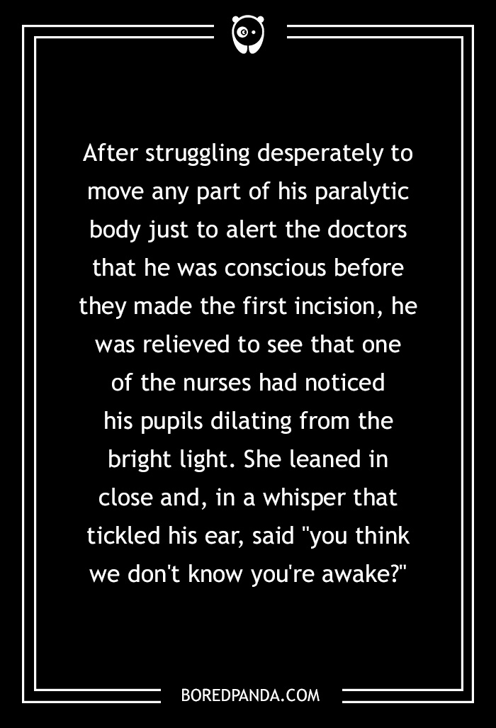 Text on a dark background sharing a short horror story about a patient paralyzed during surgery.