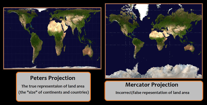 Comparison of Peters and Mercator projections showing the true size of countries.
