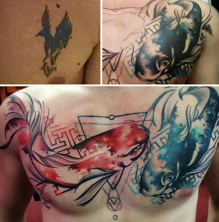 Creative cover-up tattoo of koi fish hiding a bird tattoo on a person's upper back.