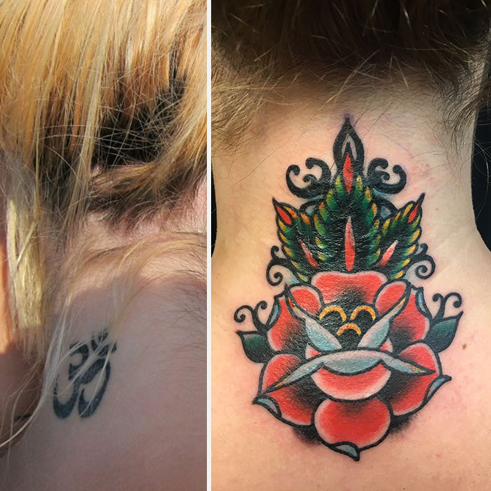 Cover-up tattoo idea transforming a small black design into a vibrant floral neck tattoo.