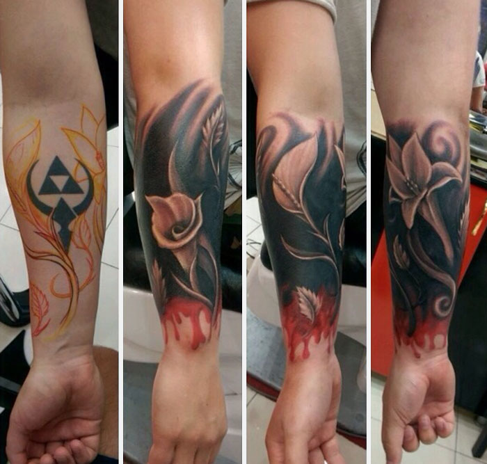 Creative cover-up tattoo transforming a geometric design into a floral artwork on forearm.