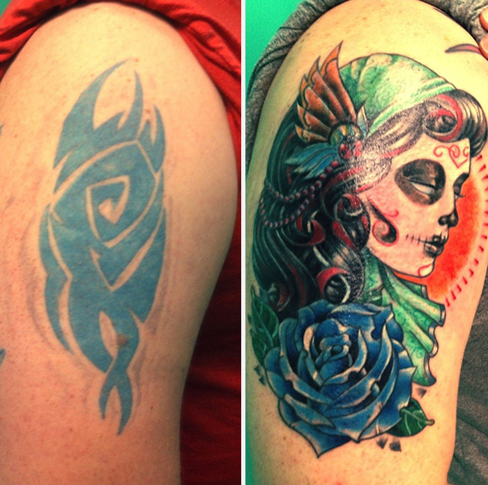Creative cover-up tattoo transforming a blue abstract design into a colorful Day of the Dead-inspired art.