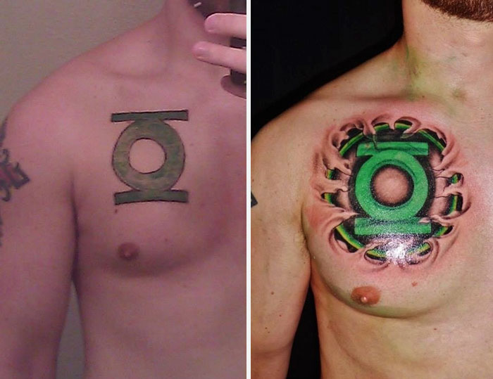 Creative cover-up tattoo transforming simple design into intricate artwork on chest.