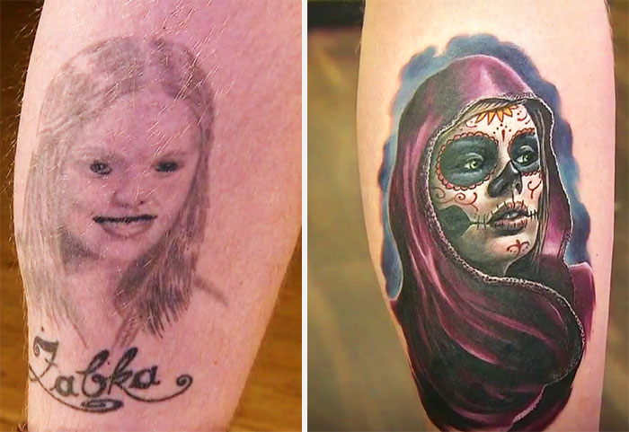Creative cover-up tattoo transforming a faded portrait into a colorful Day of the Dead design.