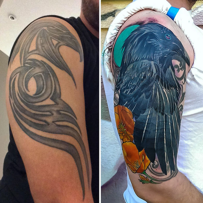 Creative cover-up tattoo transforming abstract design into a detailed raven with vibrant colors on an upper arm.