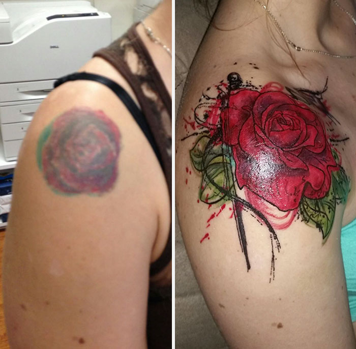 Before and after images of a creative cover-up tattoo transforming an old design into a vibrant red rose.