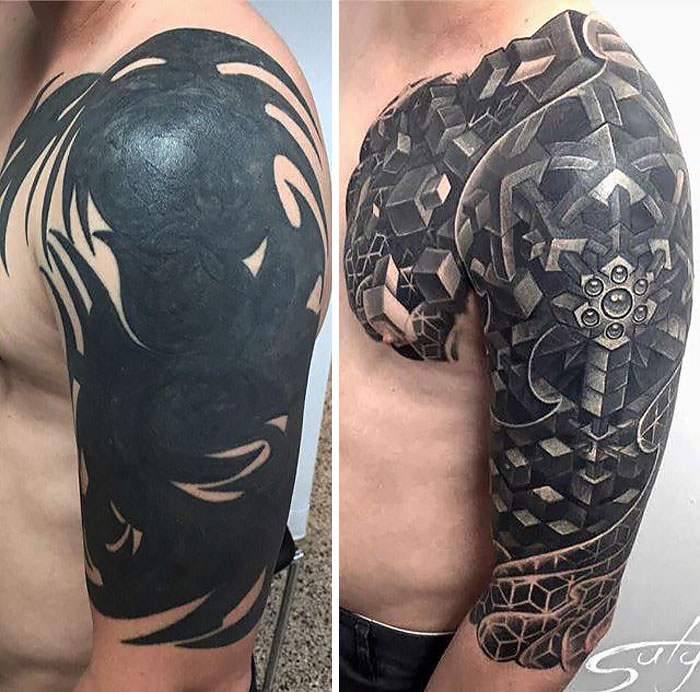 Creative cover-up tattoo transforming a dark tribal design into geometric artwork on a person's upper arm.