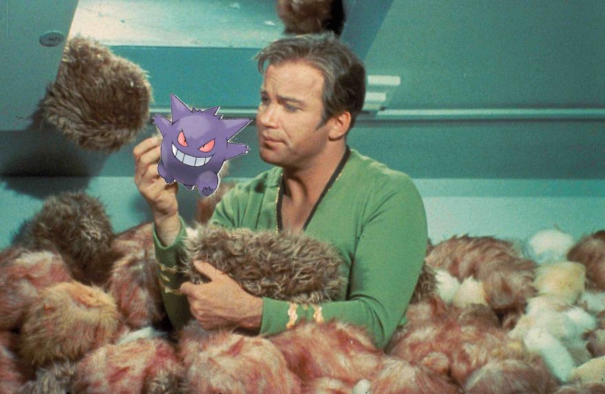 Man holding Gengar Pokemon among fuzzy tribbles in a classic movie scene setting.