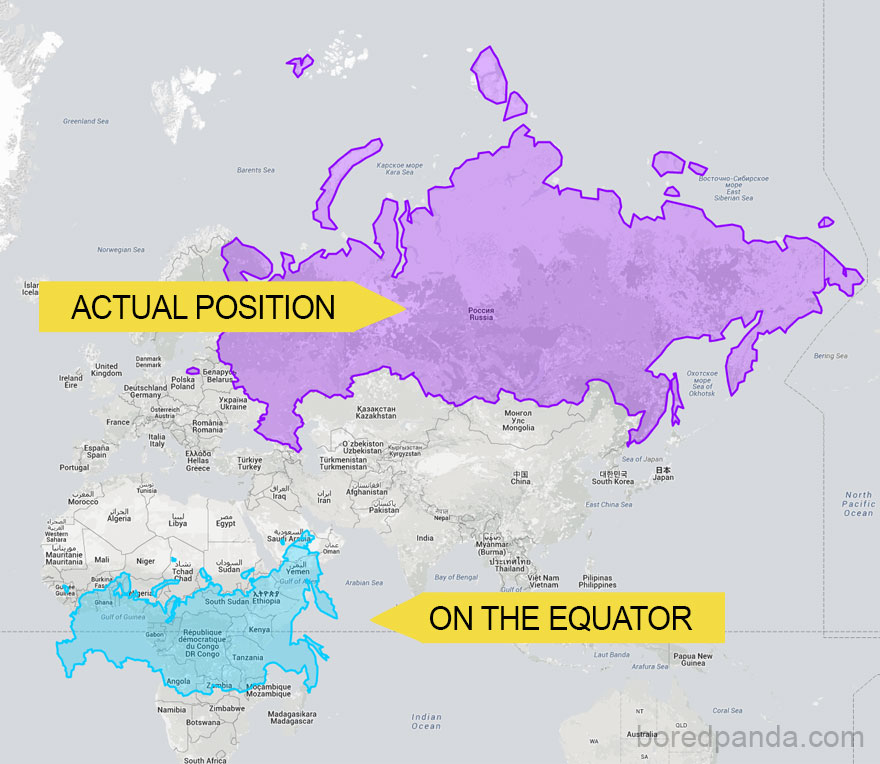 Map illustrating the true size of Russia compared to the equator, showing positional distortion.