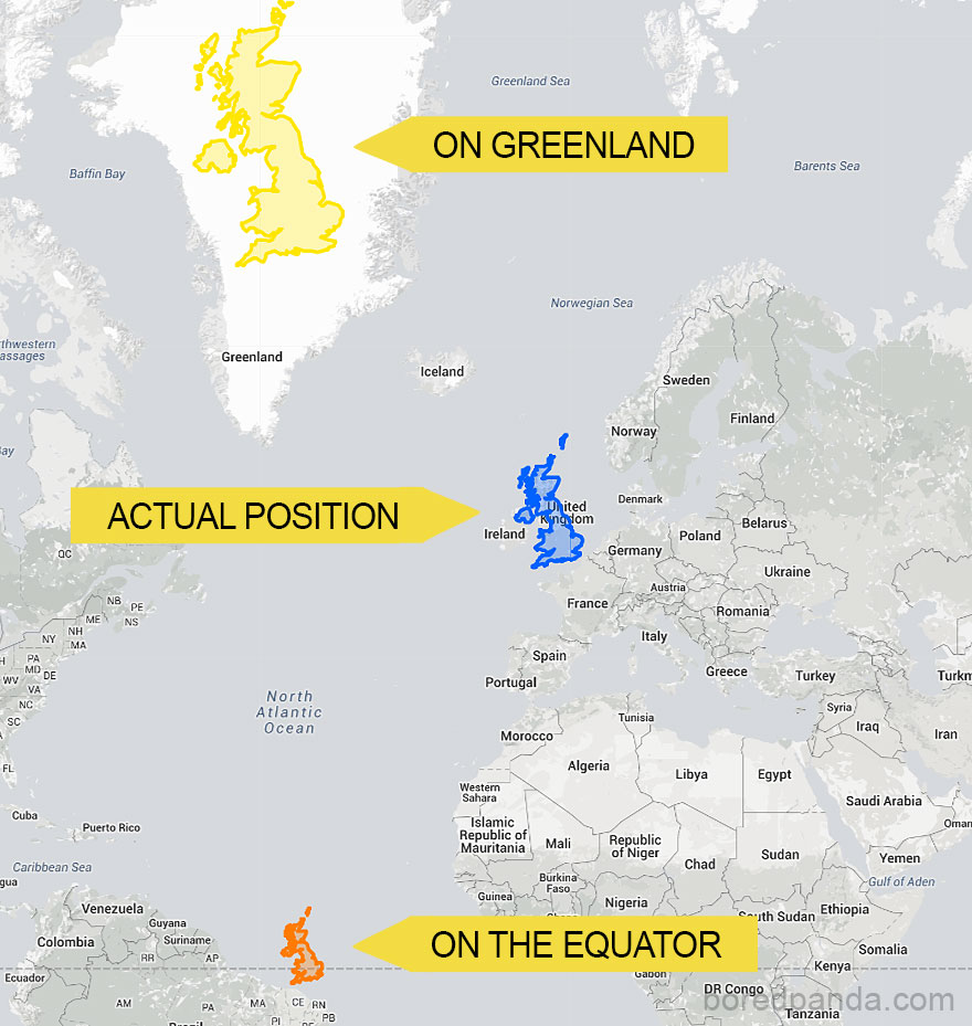 Map showing the true size of the UK compared to Greenland and the Equator, highlighting the distortion in world maps.