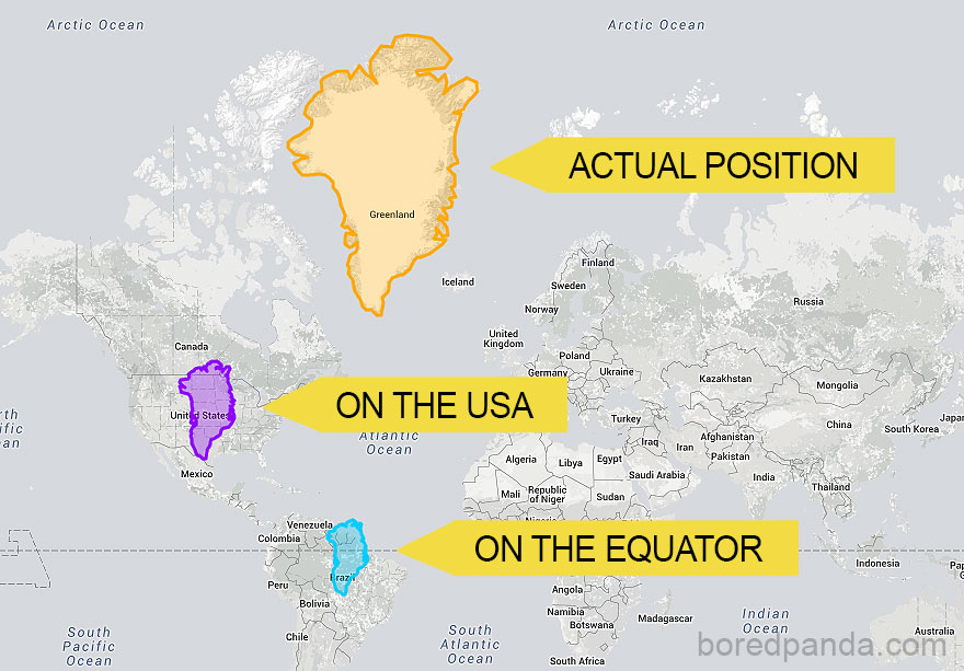 Map showing the true size of Greenland compared to the USA and the equator.