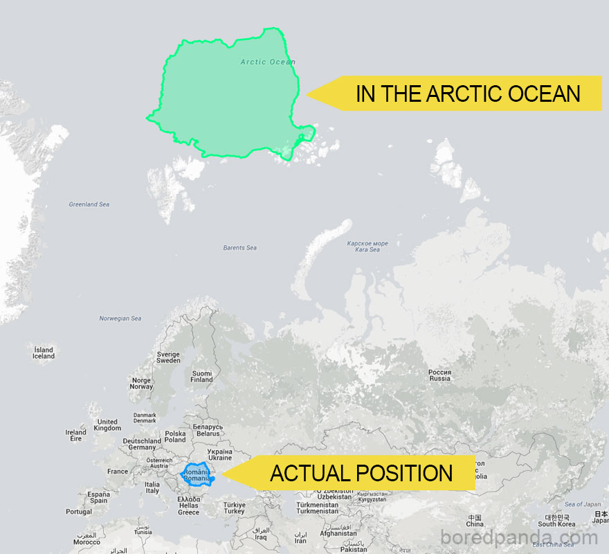Map illustrating the true size of Romania compared to the Arctic Ocean.