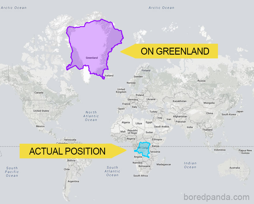 Map comparing true country sizes: Congo overlay on Greenland.
