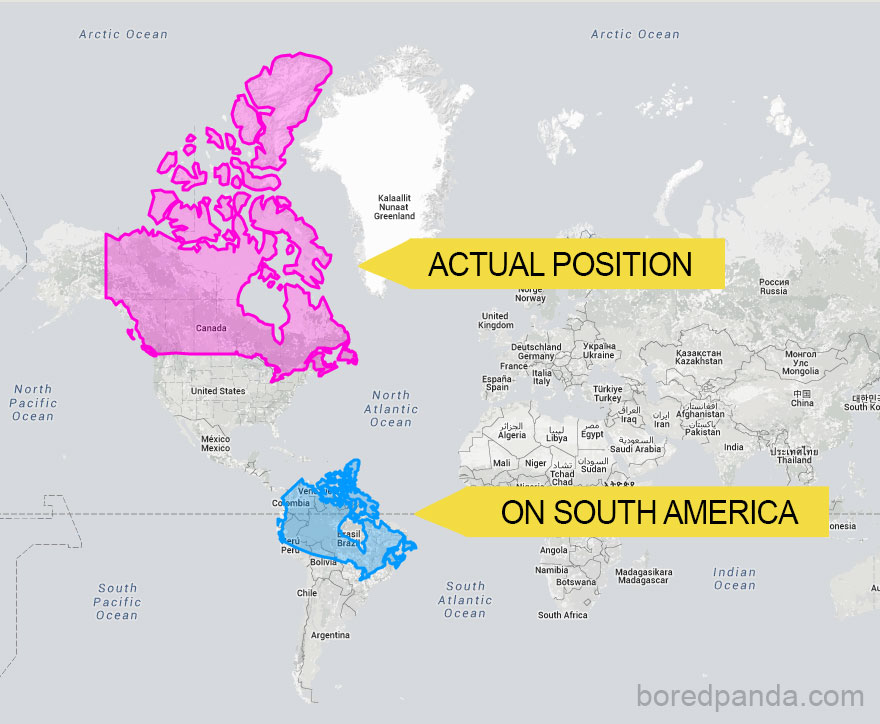 Map showing Canada's actual size overlay on South America, illustrating the true size of countries.