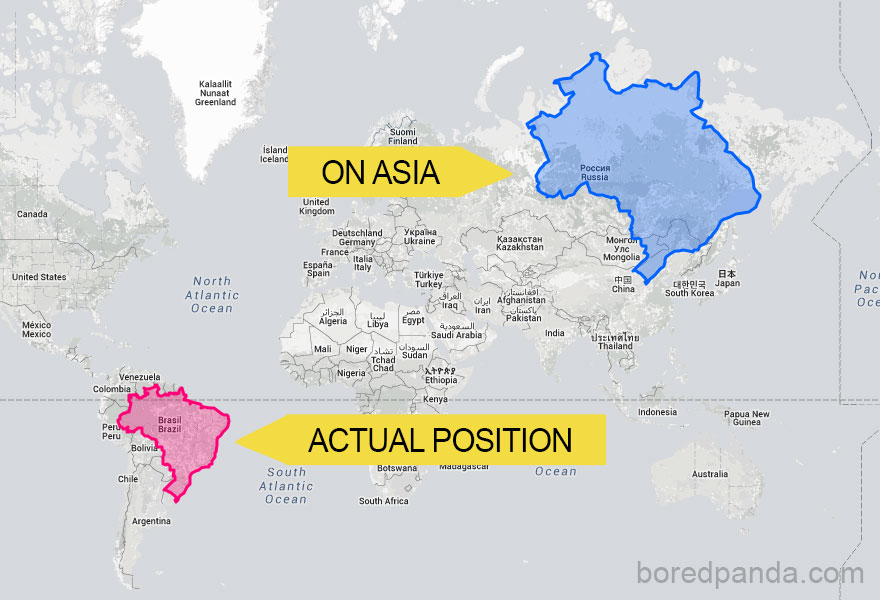 Map showing the true size of Brazil compared to Russia, with Brazil's actual position in pink and overlaid on Asia in blue.