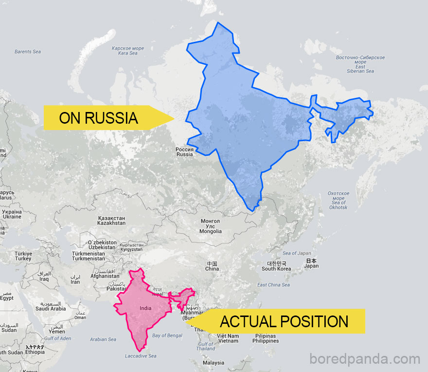 Map showing the true size of India compared to Russia, highlighting India's actual position and size overlay.