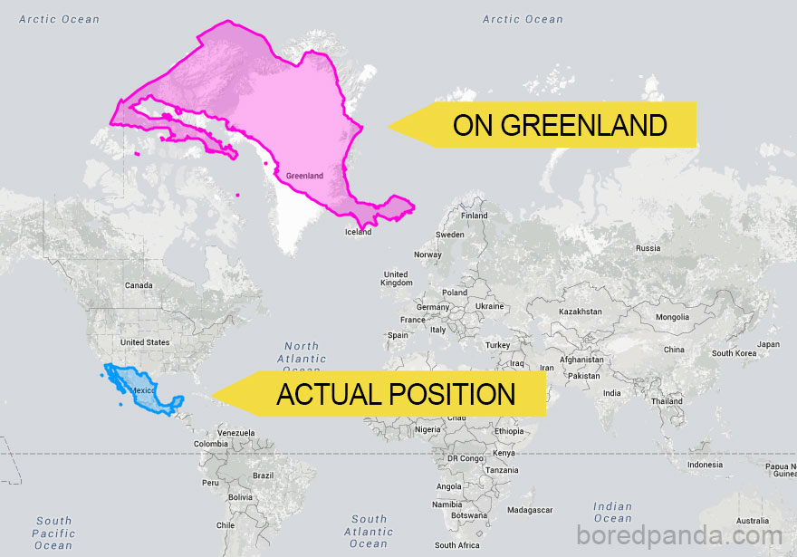 Map showing the true size of Mexico compared to Greenland, highlighting distortion in size perception.