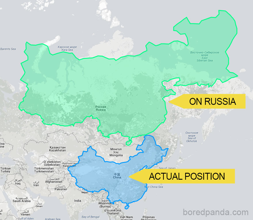 Map showing the true size of China compared to Russia, with highlighted areas indicating China's actual and overlaid positions.