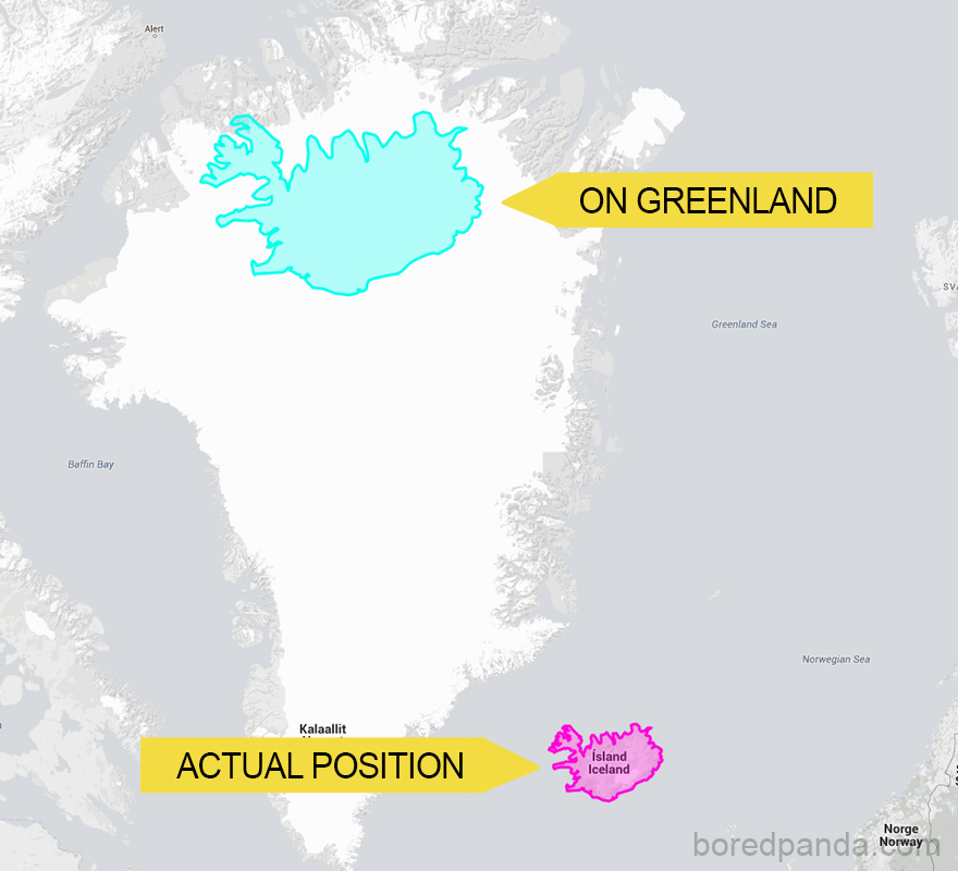 Map showing true size of Iceland compared to Greenland, highlighting size discrepancies on world maps.