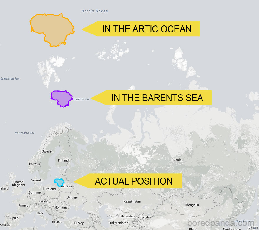 Map illustrating the true size and position of a country compared to its displacement in the Arctic and Barents Sea.