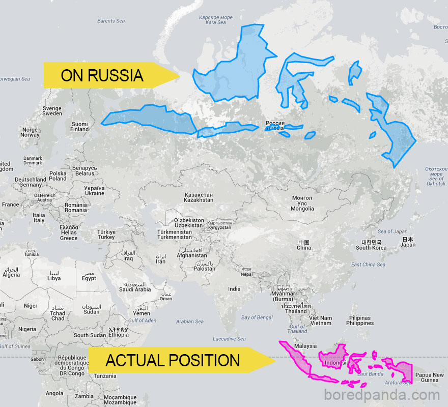 Map showing Indonesia's true size compared to Russia, highlighting country size differences on a world map.