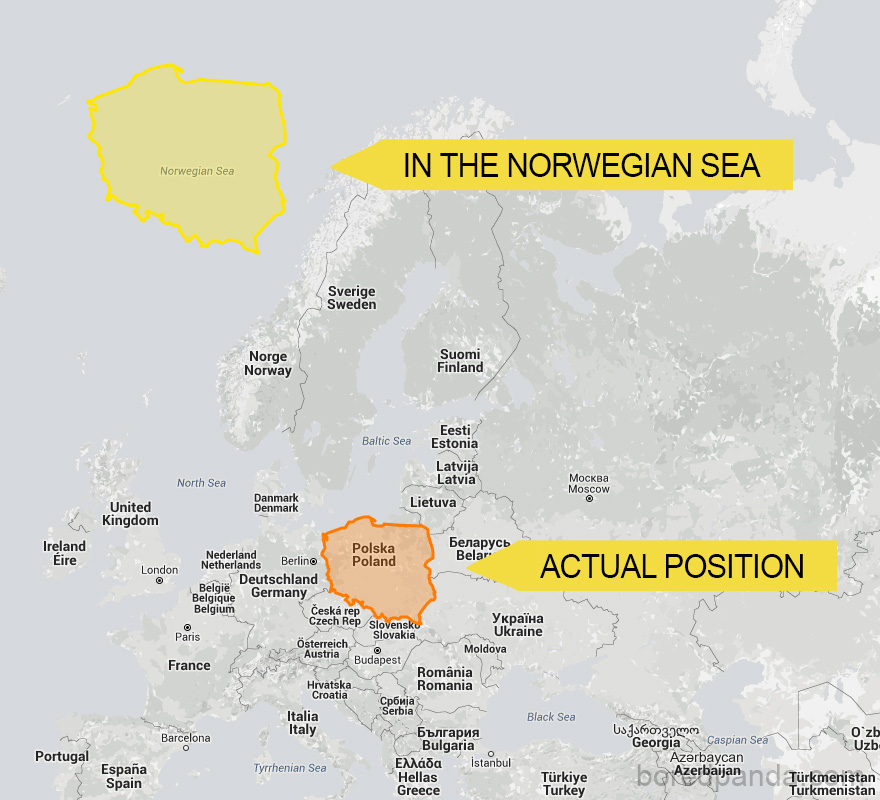 Map showing Poland's actual size and position, with a comparison to its location in the Norwegian Sea for perspective.