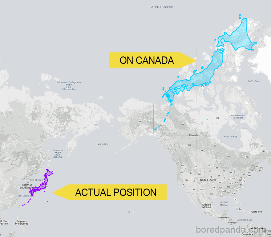 Map showing Japan's true size, with overlays comparing its size and position over Canada.