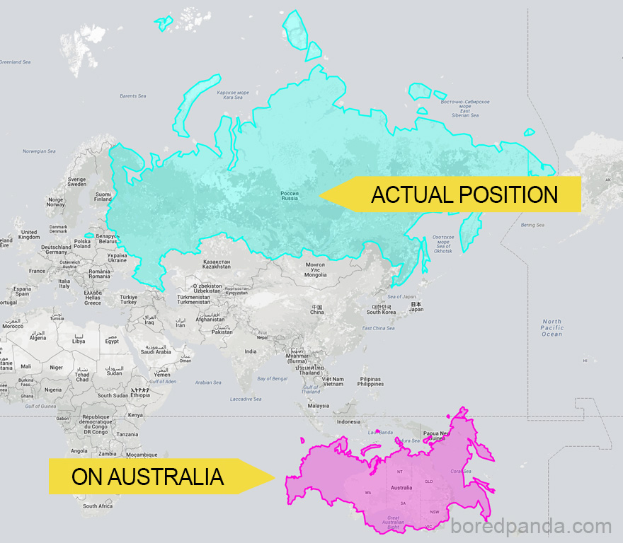 Map illustrating the true size of Russia compared to Australia.