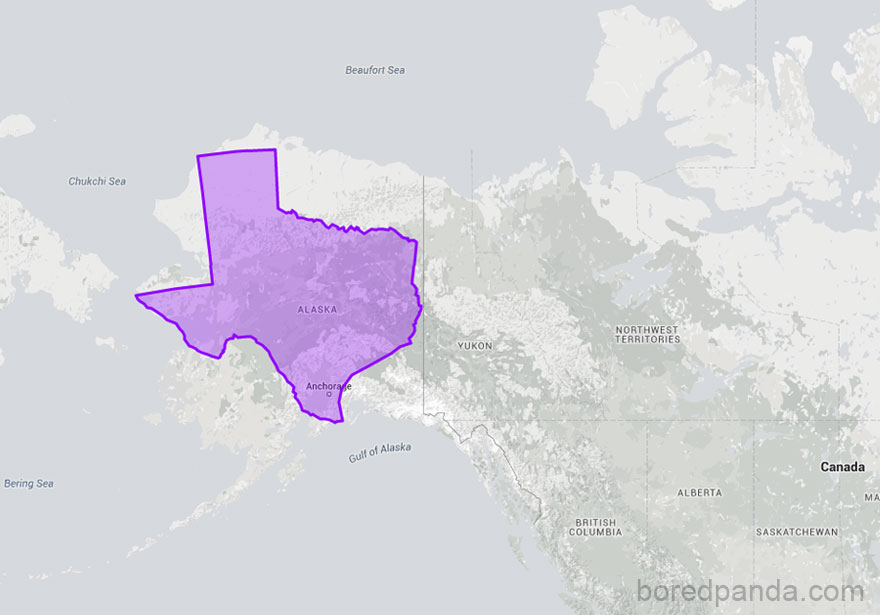 Map illustrating the true size of Texas overlaid on Alaska.