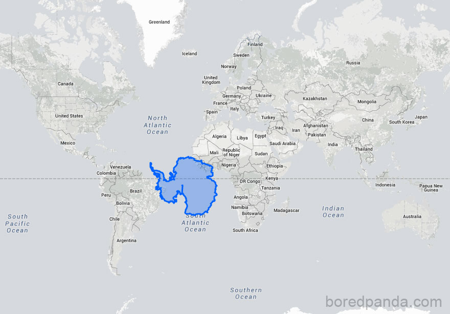 Map comparing the true size of Antarctica to other countries on a world map background.