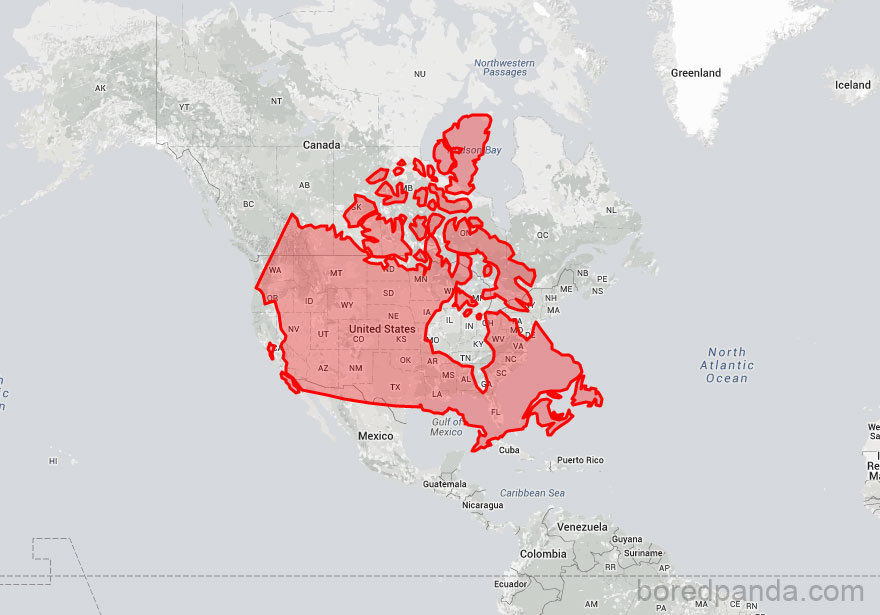 Map showing the true size of Canada compared to the United States, highlighting Canada's larger geographical area.