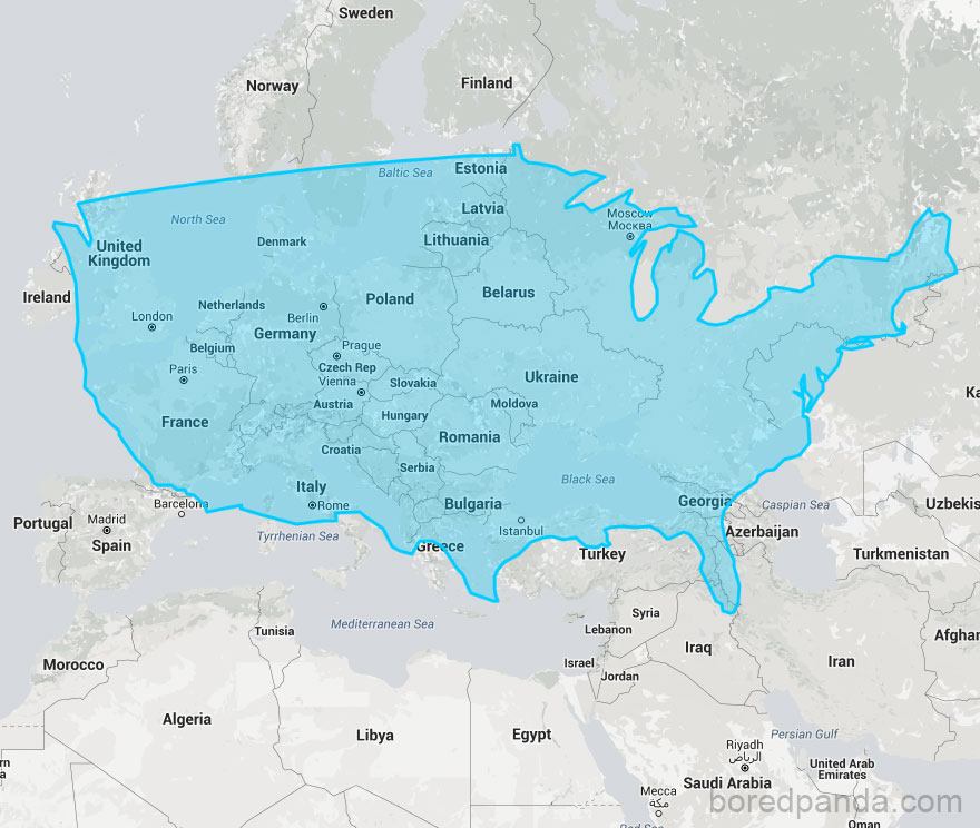 Map showing the true size of the USA overlaid on Europe and parts of Asia.