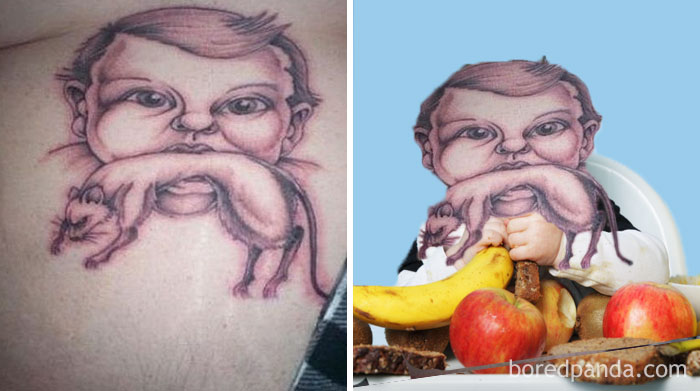 Tattoo face swap showing a baby with animal features in a humorous setting with fruit and bread.
