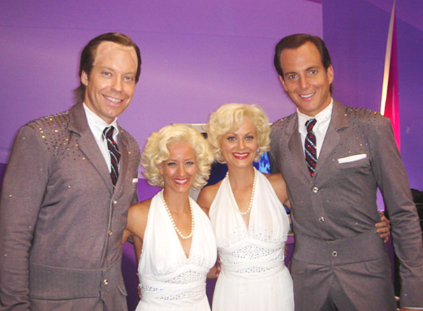 Two men and two women in vintage-style costumes posing together, illustrating Hollywood celebrities’ body doubles.