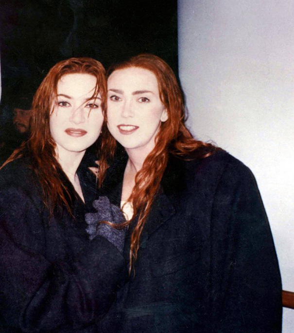 Two women with red hair and dark coats posing together, illustrating Hollywood celebrities body doubles concept.