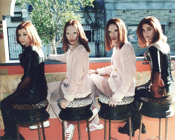 Two women and their body doubles sitting on bar stools outdoors during daytime, showcasing Hollywood body doubles.
