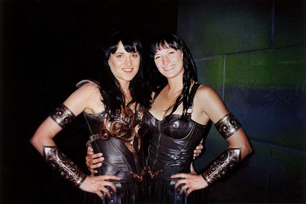Two women dressed as warriors in leather armor, illustrating the use of celebrities’ body doubles in Hollywood.