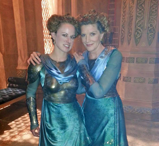 Two women in matching fantasy costumes posing together, showcasing Hollywood celebrities body doubles on set.